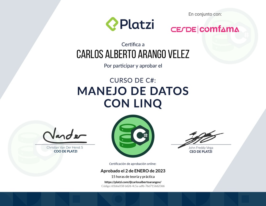 Diploma del Curso de Manejo de Datos en C# con LINQ