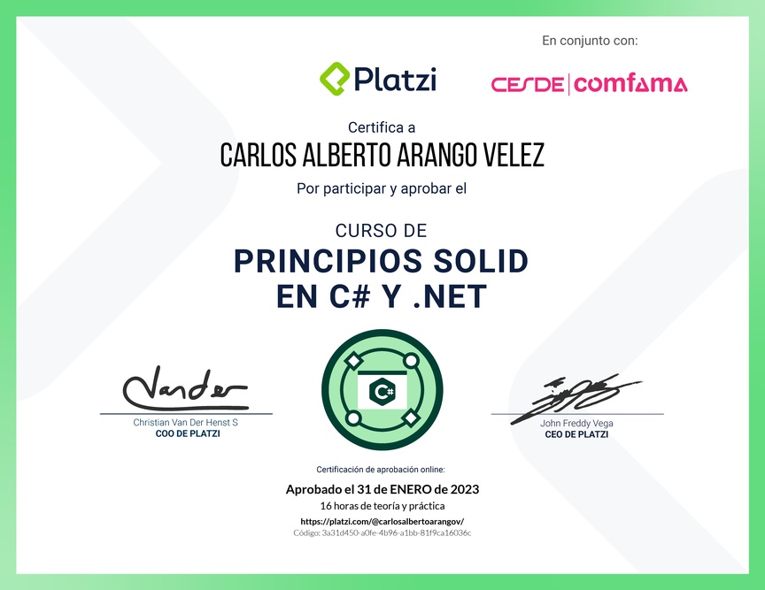 Diploma del Curso de Principios SOLID en C# y .NET