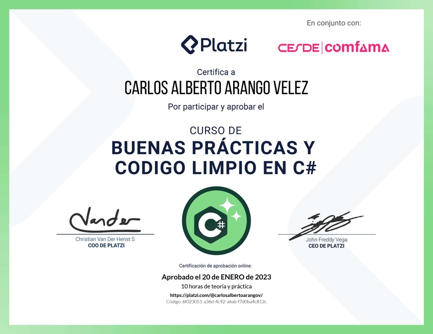 Diploma del Curso de Buenas Prácticas y Código Limpio en C#