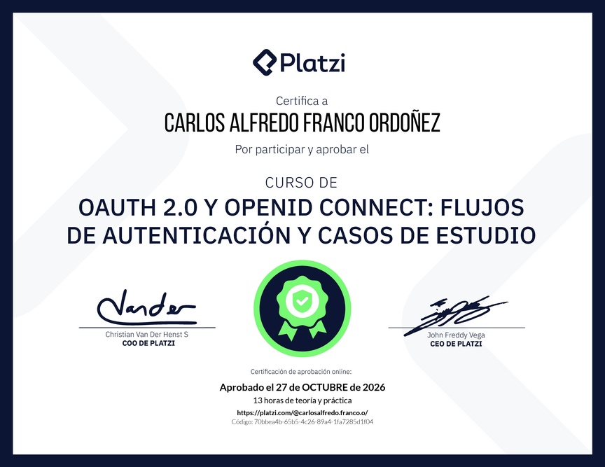 Diploma del Curso de OAuth 2.0 y OpenID Connect: Flujos de Autenticación y Casos de Estudio