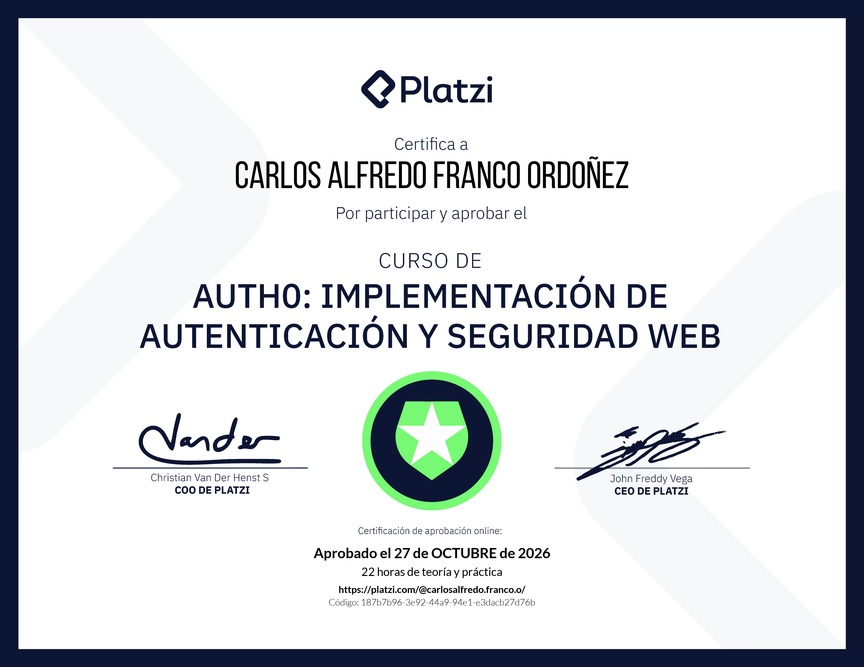 Diploma del Curso de Auth0: Implementación de Autenticación y Seguridad Web