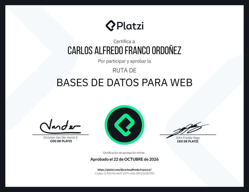 Diploma de la Ruta de Aprendizaje de Bases de Datos para Web
