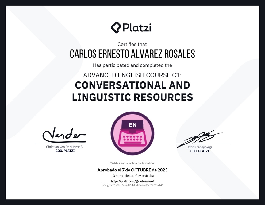 Diploma del Curso de Inglés Avanzado C1: Recursos Conversacionales y Lingüísticos