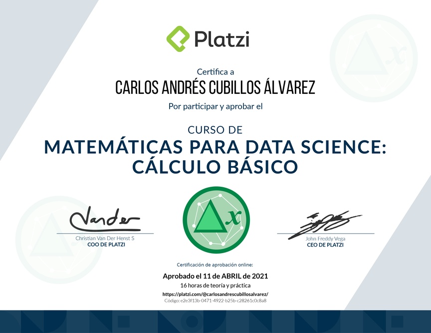 Diploma del Curso de Matemáticas para Data Science: Cálculo Básico