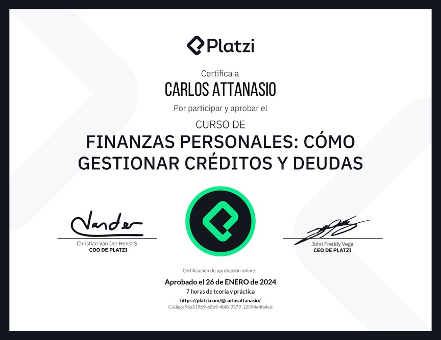 Diploma del Curso de Finanzas Personales: Cómo Gestionar Créditos y Deudas