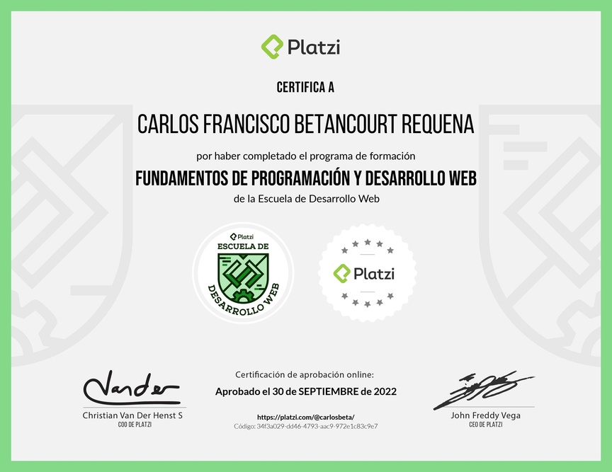 Diploma de la Ruta de Aprendizaje de Fundamentos de Programación y Desarrollo Web