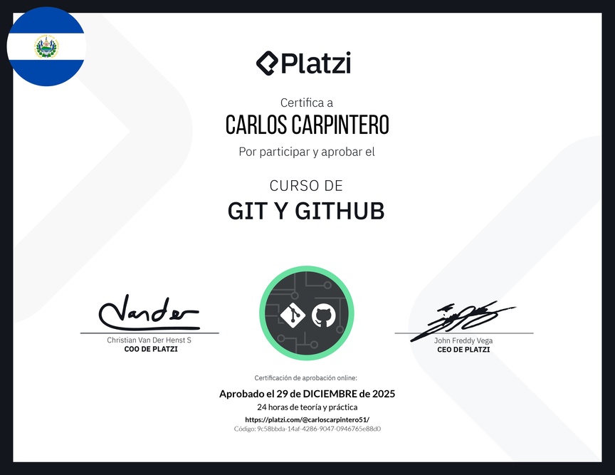 Perfil de @carloscarpintero51 en Platzi | Diploma del Curso de Git y GitHub