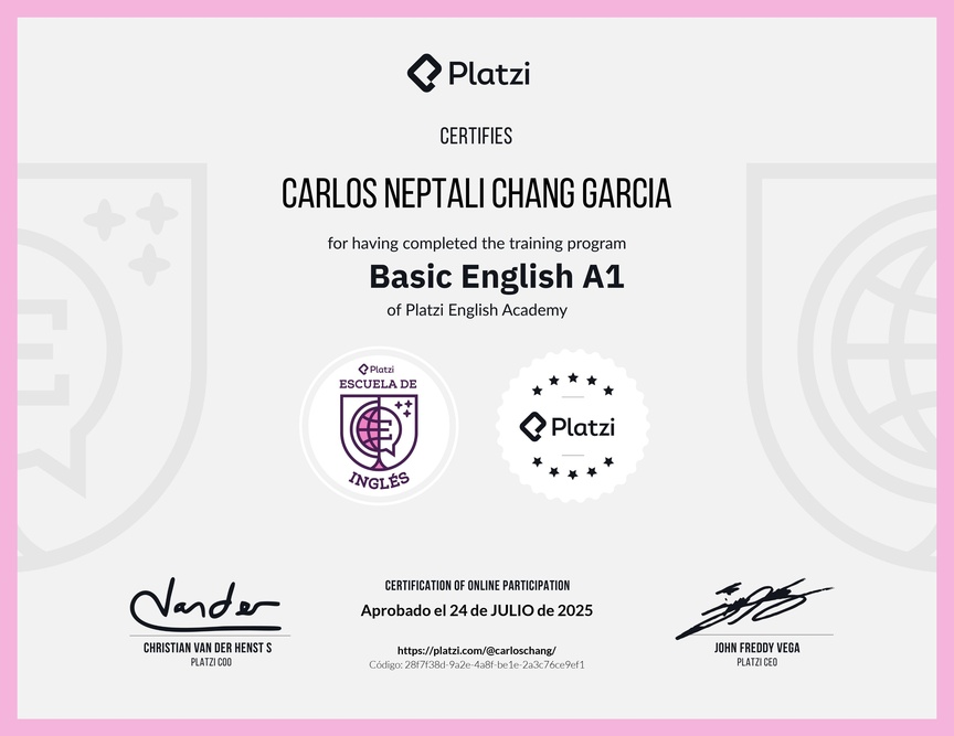 Diploma de la Ruta de Aprendizaje de Inglés Básico A1