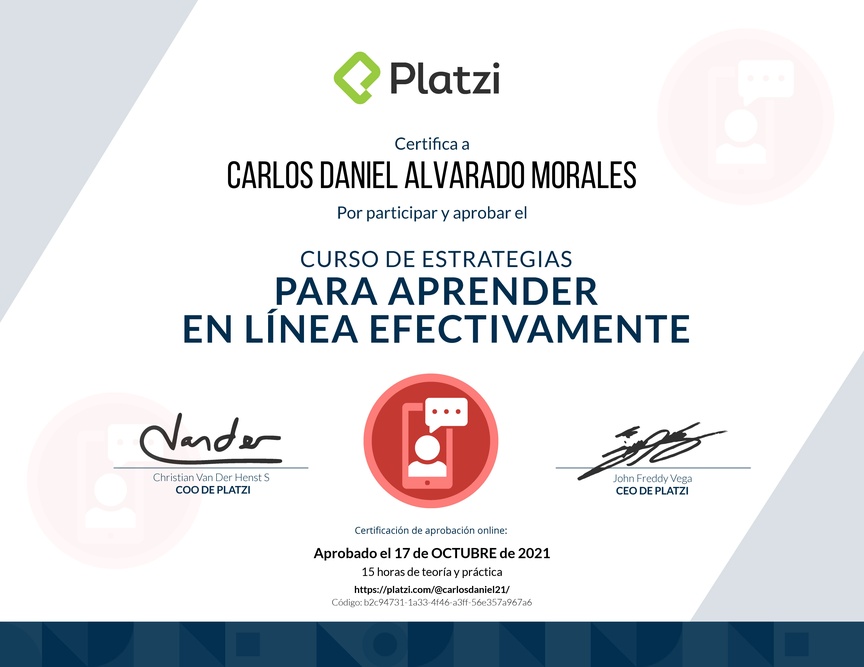 Diploma del Curso de Estrategias para Aprender en Línea Efectivamente 2019