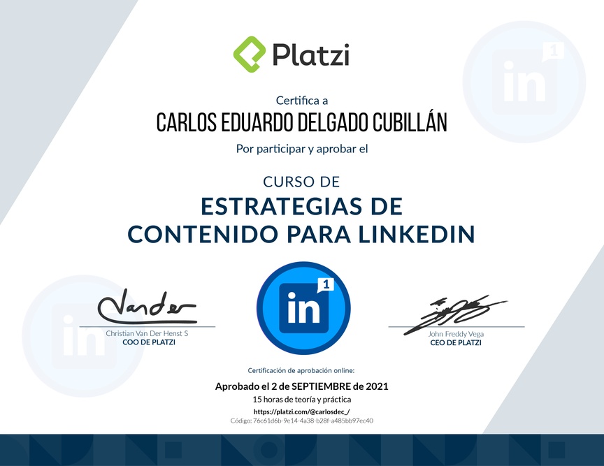 Diploma del Curso de Estrategias de Contenido para LinkedIn