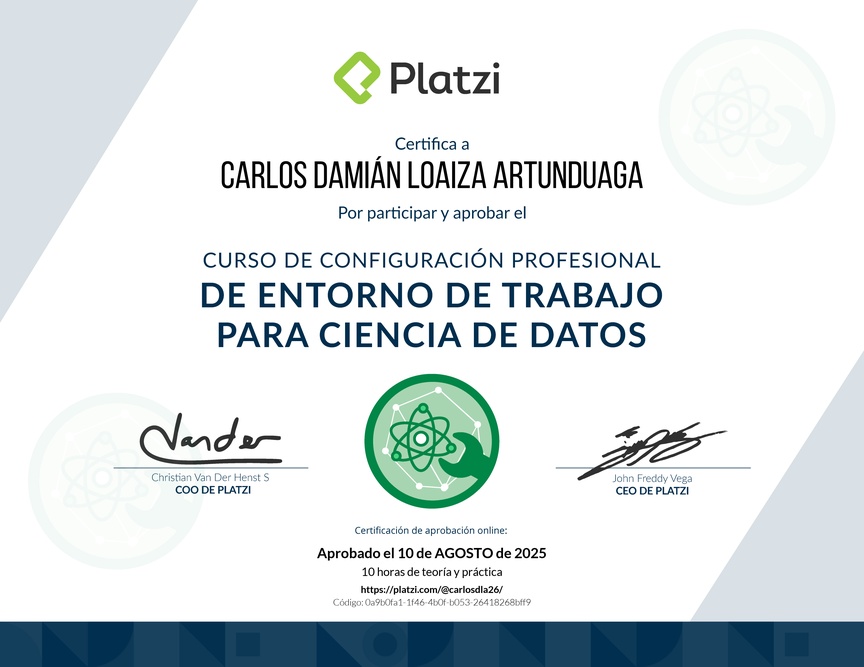 Diploma del Curso de Configuración Profesional de Entorno de Trabajo para Ciencia de Datos