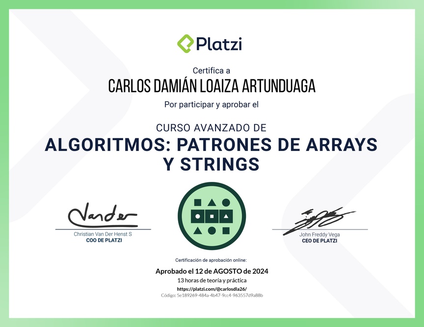 Diploma del Curso de Algoritmos Avanzados: Patrones de Arrays y Strings