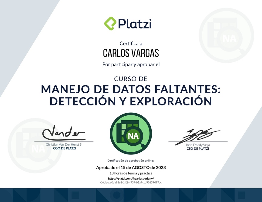 Diploma del Curso de Manejo de Datos Faltantes: Detección y Exploración