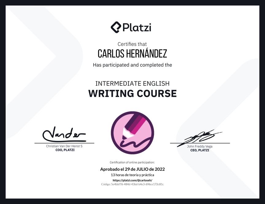 Diploma del Curso Intermedio de Escritura en Inglés
