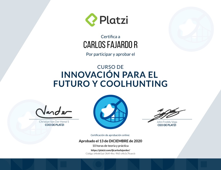 Diploma del Curso de Innovación para el Futuro y Coolhunting
