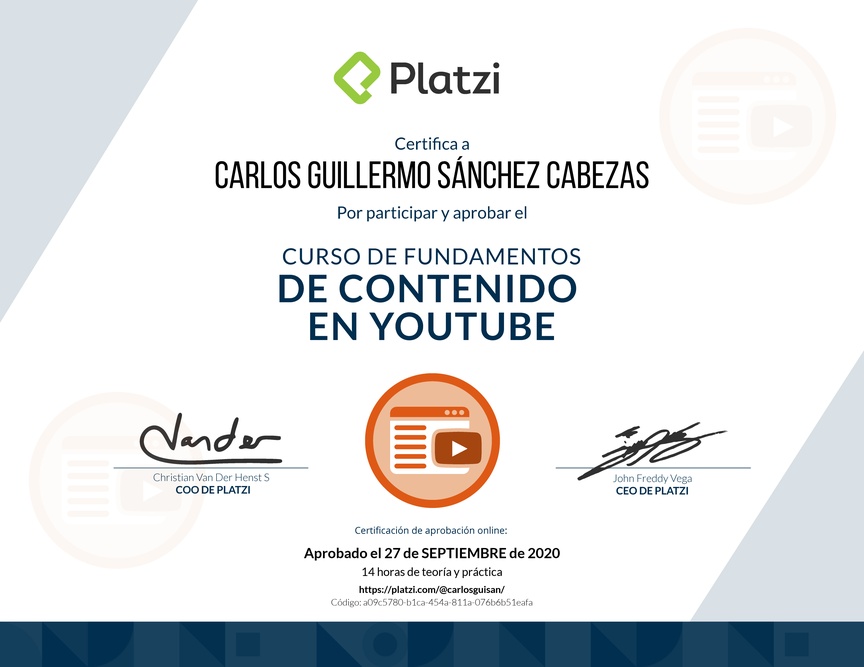 Diploma del Curso de Fundamentos de Contenido de YouTube