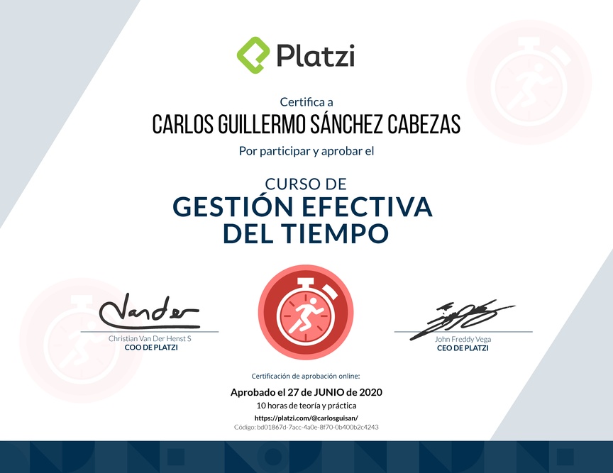 Diploma del Curso de Gestión Efectiva del Tiempo