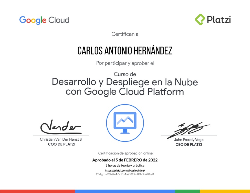 Diploma del Curso de Desarrollo y Despliegue en la Nube con Google Cloud Platform