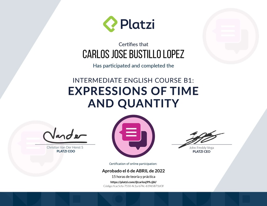 Diploma del Curso de Inglés Intermedio: Expresiones de Tiempo y Cantidad 2021