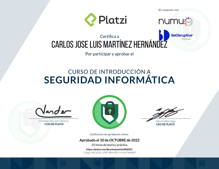 Diploma del Curso de Introducción a la Seguridad Informática