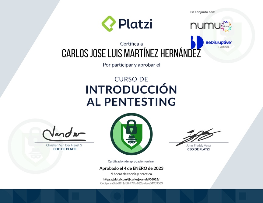 Diploma del Curso de Introducción al Pentesting
