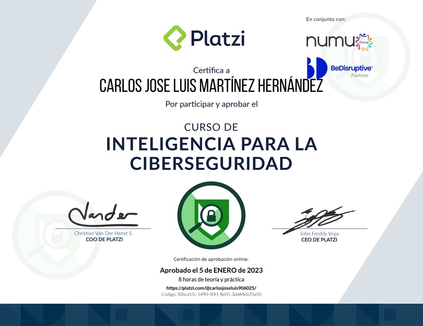 Diploma del Curso de Inteligencia para la Ciberseguridad