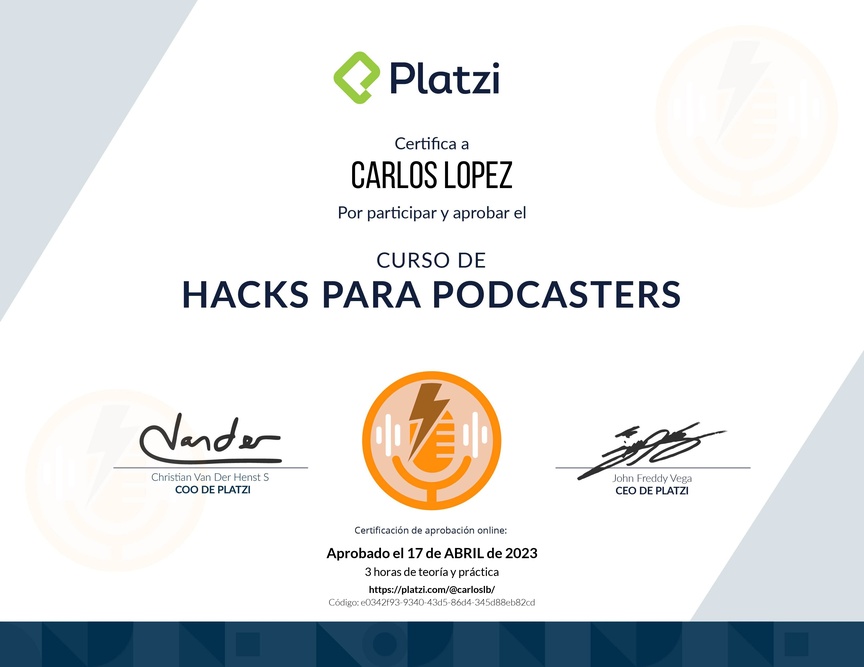 Diploma del Curso de Hacks para Mejorar tus Podcasts