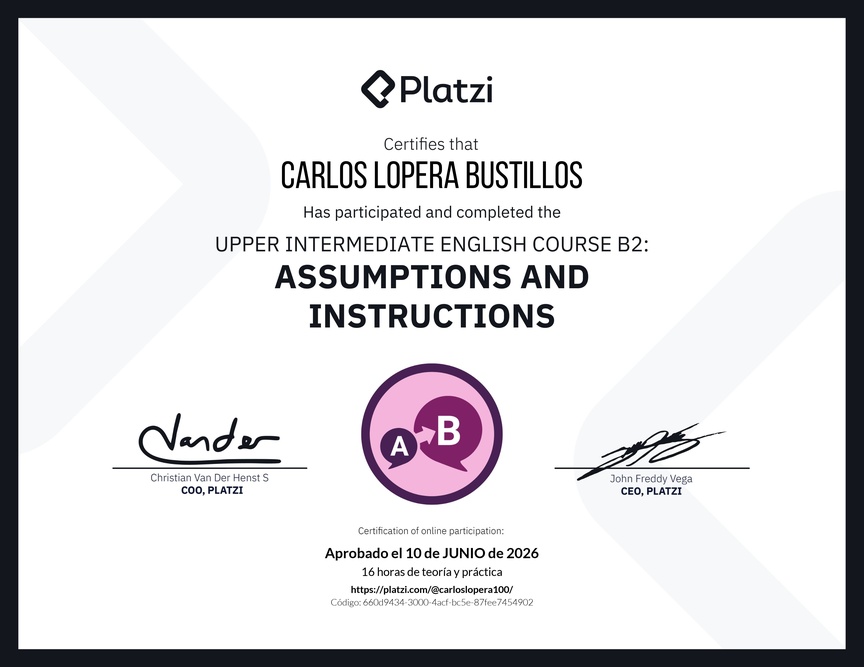 Diploma del Curso de Inglés Intermedio Alto B2: Suposiciones e Instrucciones