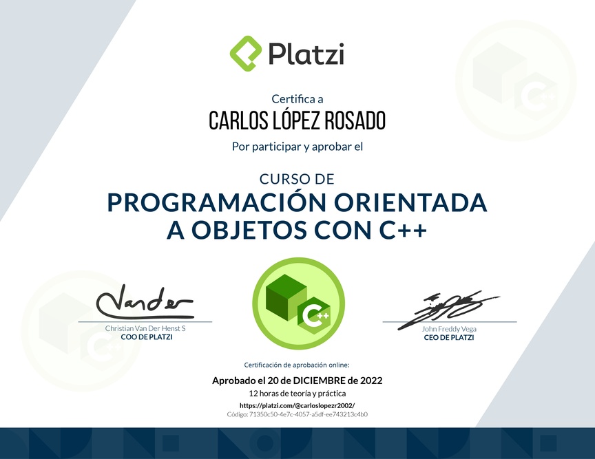 Diploma del Curso de Programación Orientada a Objetos con C++