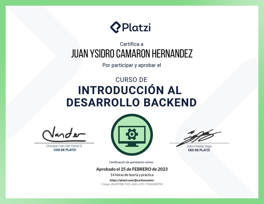 Diploma del Curso de Introducción al Desarrollo Backend