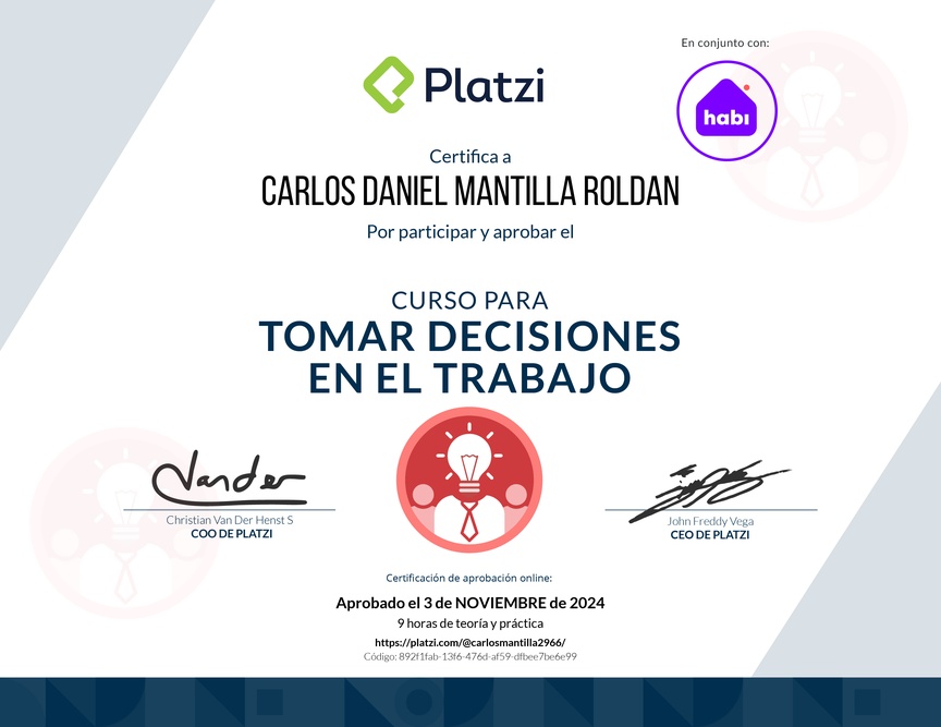 Diploma del Curso para Tomar Decisiones en el Trabajo