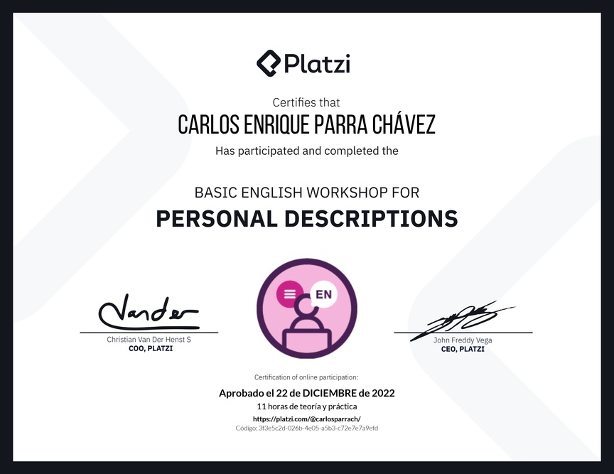 Diploma del Curso de Inglés Práctico para Descripciones Personales (2020=