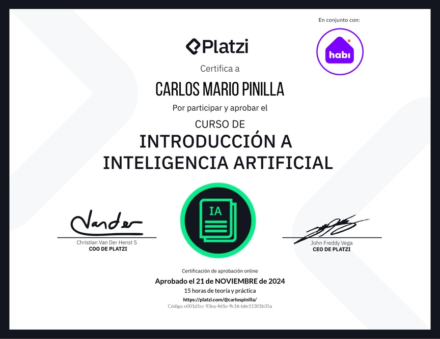 Diploma del Curso de Introducción a Inteligencia Artificial (2023)