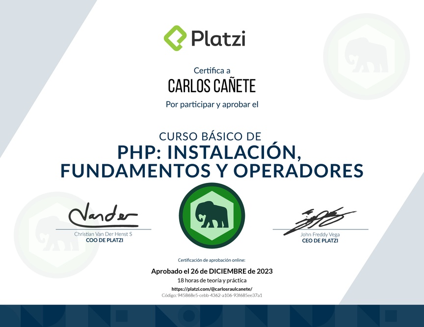 Diploma del Curso Básico de PHP: Instalación, Fundamentos y Operadores