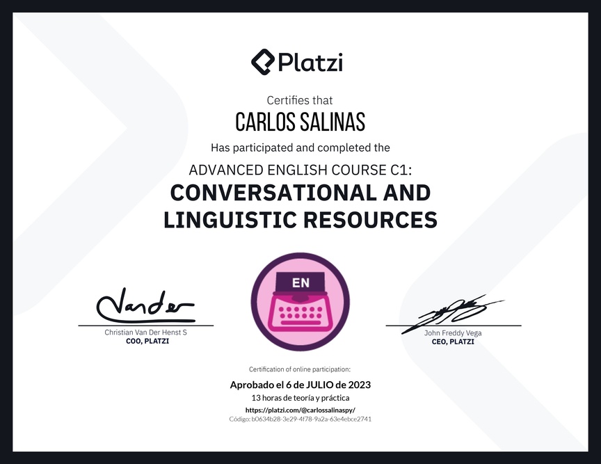 Diploma del Curso de Inglés Avanzado C1: Recursos Conversacionales y Lingüísticos