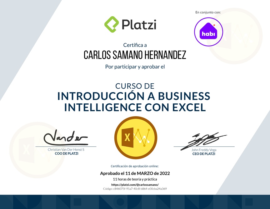 Diploma del Curso de Introducción a Business Intelligence con Excel