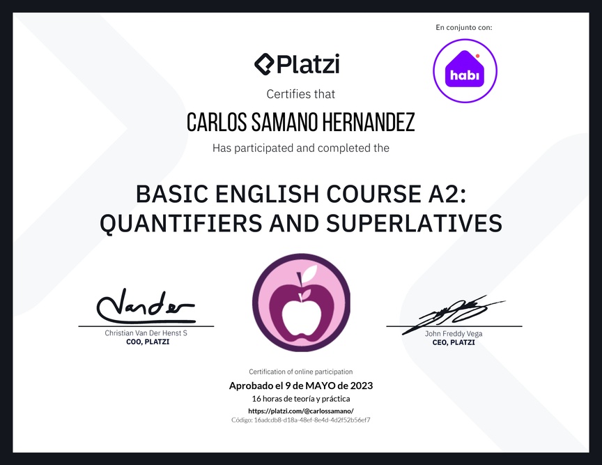 Diploma del Curso de Inglés Básico A2: Cuantificadores y Superlativos