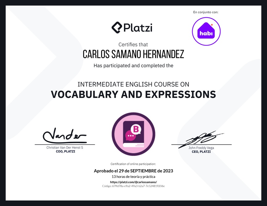 Diploma del Curso Intermedio de Vocabulario y Expresiones en Inglés