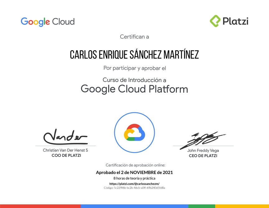 Diploma del Curso de Introducción a Google Cloud Platform