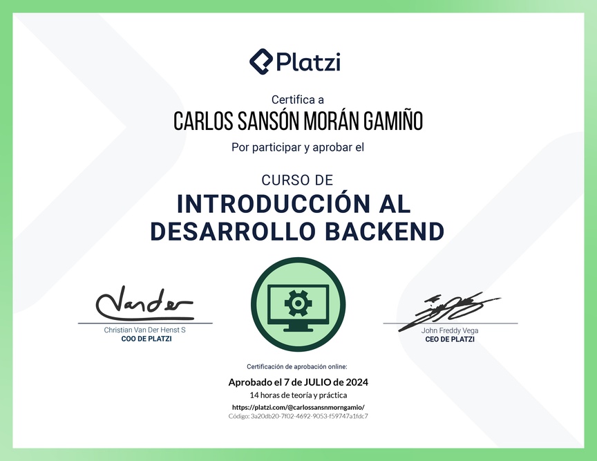 Diploma del Curso de Introducción al Desarrollo Backend