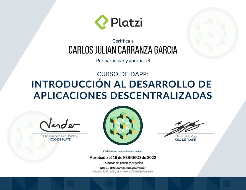 Diploma del Curso de Dapps: Introducción al Desarrollo de Aplicaciones Descentralizadas