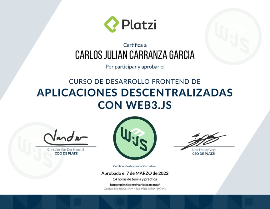 Diploma del Curso de Desarrollo Frontend de Aplicaciones Descentralizadas con Web3.Js