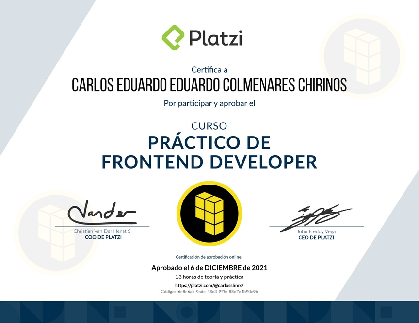 Diploma del Curso Práctico de Frontend Developer