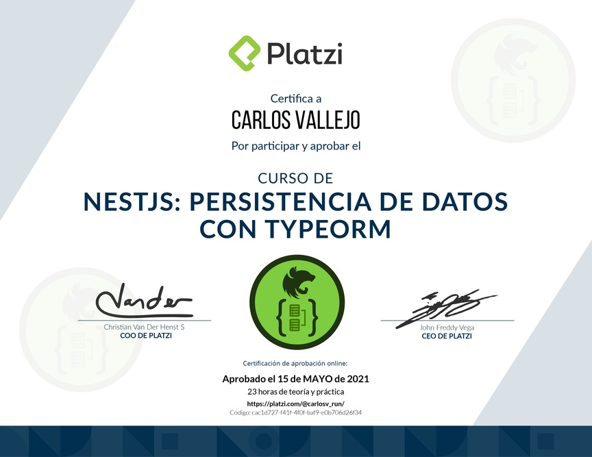 Diploma del Curso de NestJS: Persistencia de Datos con TypeORM