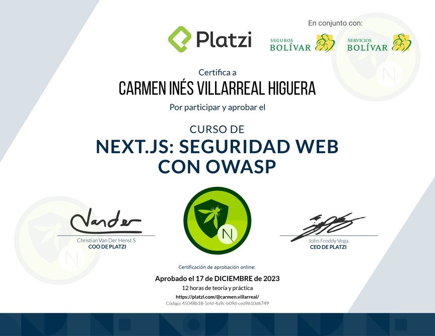Diploma del Curso de Next.js: Seguridad Web con OWASP