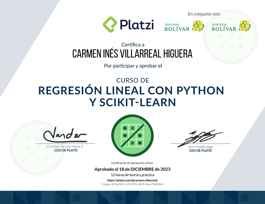 Diploma del Curso de Regresión Lineal con Python y scikit-learn