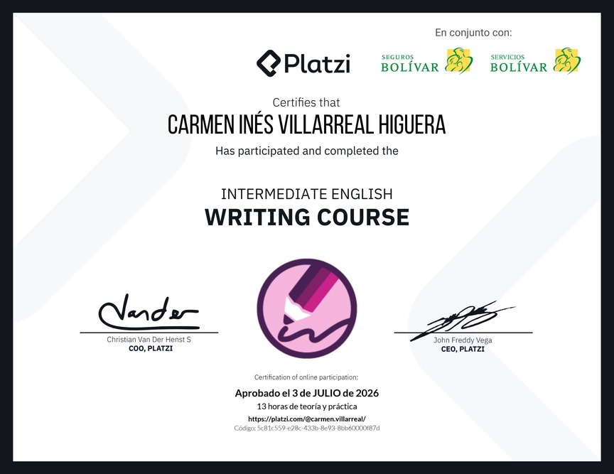 Diploma del Curso Intermedio de Escritura en Inglés