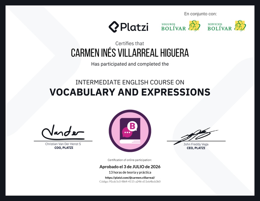 Diploma del Curso Intermedio de Vocabulario y Expresiones en Inglés