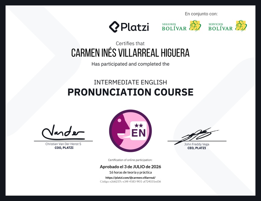 Diploma del Curso Intermedio de Pronunciación en Inglés