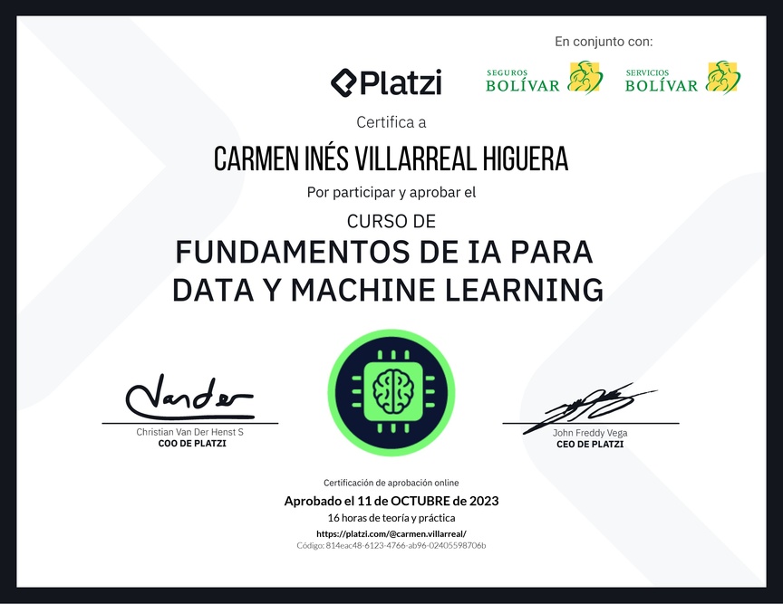 Diploma del Curso de Fundamentos de AI para Data y Machine Learning